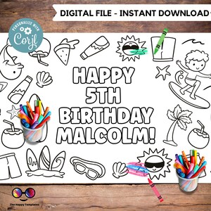 May include: A black and white printable coloring page featuring a beach theme with a surfboard, palm tree, sunglasses, seashells, and the text "Happy 5th Birthday Malcolm!"
