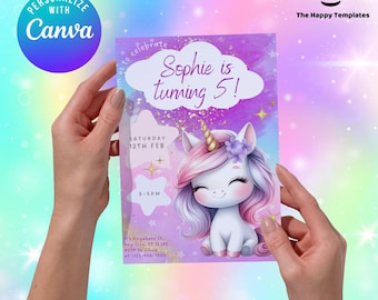 Unicorn Invitation, Girl Birthday Invitation, Pastel Unicorn Invitation Printable, Editable Canva