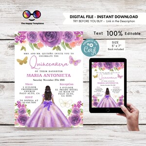 Editable Pastel purple and gold Quinceañera Invitation | EDITABLE TEMPLATE Mis Quince 15 | 16th Birthday Instant Download | purple #K318