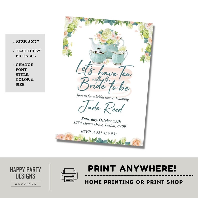 Bridal Shower Tea Party Invitation Template | Printable Bridal Tea Shower Invite | Bridal Brunch | Bridal shower invitation template #W1 image 5