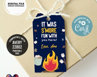 Edytowalne To była świetna zabawa z Tobą Tagi upominkowe | Tagi podziękowań S'mores | Tag letni | etykieta prezentowa | etykieta jesienna | szablon | Ognisko | niebieski