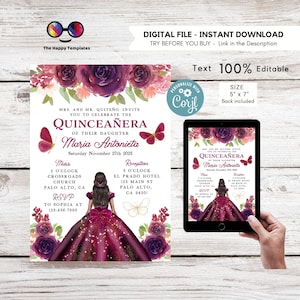 Editable Plum purple Quinceañera Invitation | EDITABLE TEMPLATE Mis Quince 15 | 16th Birthday Instant Download | red dress #K317