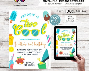 May include: A printable invitation for a child's second birthday party. The invitation features a blue and yellow colour scheme with a surfboard, sunglasses, and popsicles. The text on the invitation reads "Freddie is two cool" and includes details about the party, such as the date, time, and location.