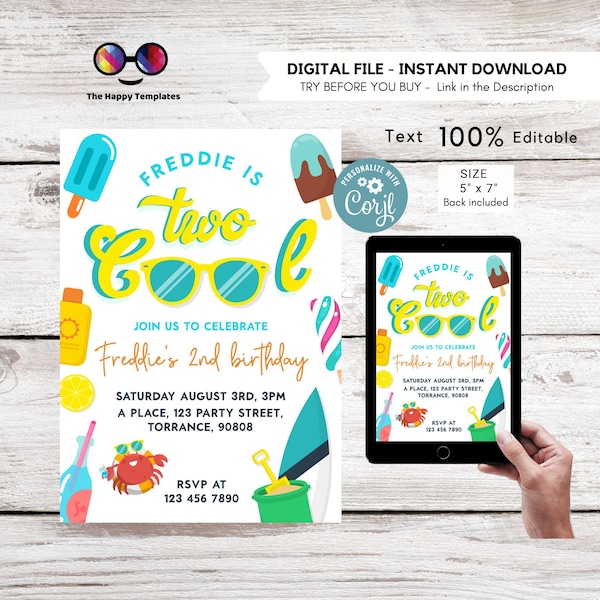 Editable Two Cool Birthday Invitation | boy Second Birthday Party | I'm Two Cool Sunglasses | 2nd birthday party | Edit Yourself #K220