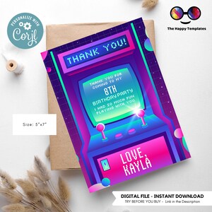 Carte de remerciement Arcade modifiable | Soirée Arcade | Fille d'anniversaire | Carte postale d'anniversaire | Néon Rose Violet | fête des joueurs vidéo | fille #K248