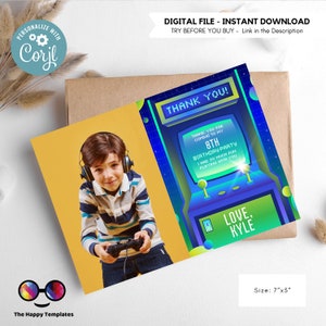 Carte de remerciement modifiable d'arcade | Soirée arcade | Garçon d'anniversaire | Carte postale d'anniversaire avec photo | Bleu néon vert | Fêtard gamer vidéo #K248