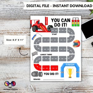 May include: A printable race car themed reward chart for kids. The chart features a red race car, a checkered flag, a trophy, and a finish line. The chart is 8.5 inches by 11 inches.