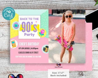 Editable 90s Birthday Invitation photo | Retro Invitation | 90s Birthday Party Back to the 90s Theme 90s party look Nostalgic pink 90s #K94