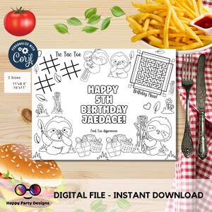 Editable Cute Sloth coloring activity page | Placemat coloring page | Any Age | Sloth birthday | Sloth Party Activity | Sloth to color #K164