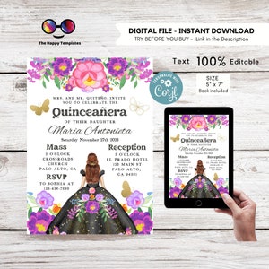 Editable Black and purple mexican Quinceañera Invitation | EDITABLE TEMPLATE Mis Quince 15 | 16th Birthday Instant Download | black #K319