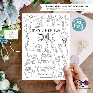 Cartão de aniversário para colorir editável | cartão para colorir | Cartão de felicitações para colorir | Feliz aniversário | Arquivo digital | Download instantâneo