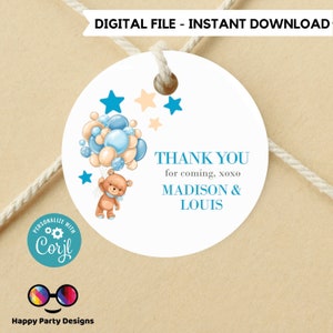 Editable teddy bear baby shower Favor Tags | teddy bear shower Thank you tags blue| Baby shower boy | thank you tag Template | gift tag #B22