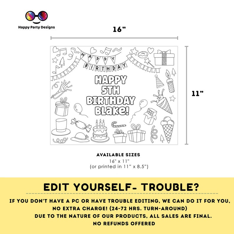 Editable Happy Birthday Coloring Page | Placemat Coloring Page | Any ...