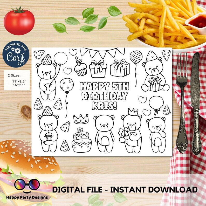 May include: A black and white printable coloring page featuring a birthday theme with teddy bears, presents, cake, balloons, and the text "Happy 5th Birthday Kris!" Available in two sizes: 11" x 8.5" and 16" x 11".
