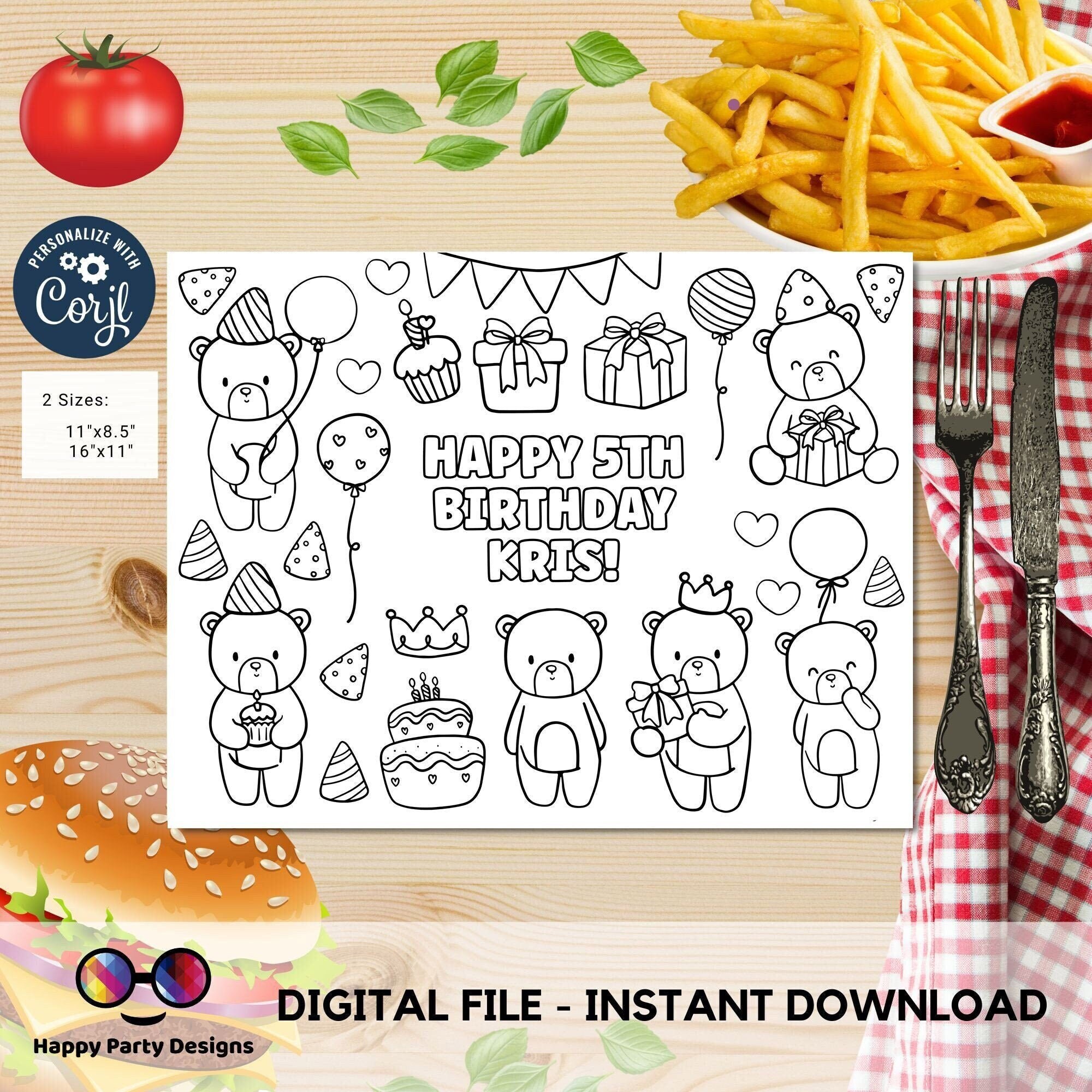 Editable teddy bear coloring page | Placemat coloring page | Any Age | Baby shower | Baby shower activity | party placemat | Bear party