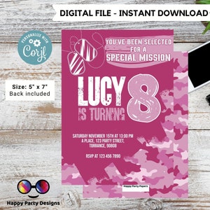 Invitation d'anniversaire de l'armée modifiable pour enfants | Invitations imprimables de fête d'anniversaire d'armée | Tout âge | Fête de l'armée de fille d'anniversaire | Badges d'identification #K241