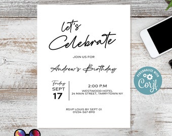 Let's celebrate! Minimalist birthday Invitations | Surprise Birthday Party Invites | Anniversary Invite | Black White Invite for Him #A2