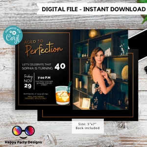 Invito al 40 ° compleanno per donna con foto / Inviti per feste di compleanno a sorpresa / Whisky invecchiato alla perfezione / Invito nero per il suo #A7
