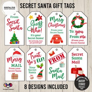 Peut inclure: Huit étiquettes cadeaux Secret Santa imprimables avec des motifs festifs. Les étiquettes présentent des phrases comme « Joyeux Noël » et « De votre Secret Santa ». Compatibles avec Avery 22802, elles incluent diverses illustrations de Noël.