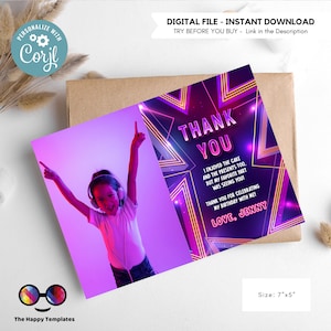 Neonlichter Dankeskarte mit Bild | Neon Glow in the dark Party | Geburtstagspostkarte | Neon Pink Lila | Glow Party | Mädchen #K186