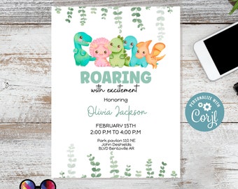 Puede incluir: Una invitación imprimible para una fiesta con temática de dinosaurios. La invitación presenta una ilustración de dinosaurio verde, azul, rosa y naranja con el texto "ROARING with excitement" y "Honoring Olivia Jackson". La invitación también incluye la fecha y la hora de la fiesta, "FEBRUARY 15TH 2:00 PM TO 4:00 PM", y la ubicación, "Park pavilon 110 NE John Deshields BLVD Bentoville AR".