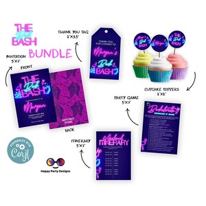 Tropical Neon Bachelorette Editable Party Invitation Bundle | Bridal Party Invitation Template | Bachelorette Invite | Neon Palm leaves #W5