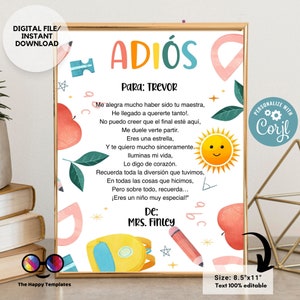Regalo modificabile dall'insegnante / Versione spagnola / Lettera di fine scuola / Poesia di addio agli studenti / Fine anno stampabile #SCH1