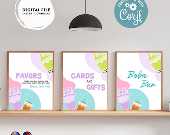 Signo de cumpleaños de fiesta de té editable / invitación de té / Signo de fiesta de té de Boba / Signo de par-té de té de burbujas / Señalización de té de Boba / Signo de mesa de postres #K121