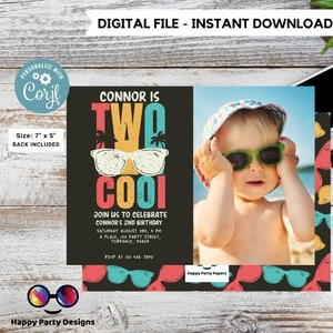 Editable Two Cool Birthday Invitation with photo | Boy Second Birthday Party | I&#39;m Two Cool Sunglasses | 2nd birthday party #K220