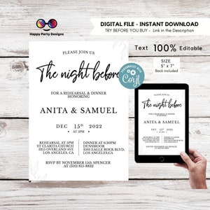 Editable Rehearsal Dinner Invitation Template |Message Wedding Rehearsal Dinner Invitation | The Night Before Invitation Evite | Bridal #W23