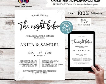 Editable Rehearsal Dinner Invitation Template |Message Wedding Rehearsal Dinner Invitation | The Night Before Invitation Evite | Bridal #W23