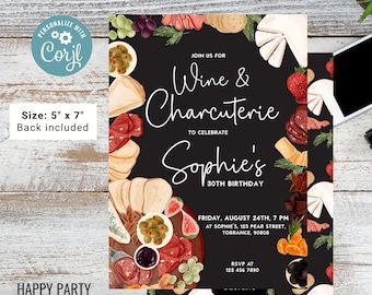 Wine and Charcuterie Party Invitation Template | Printable or send online Invite | Charcuterie invitation template | wine and ham #A53
