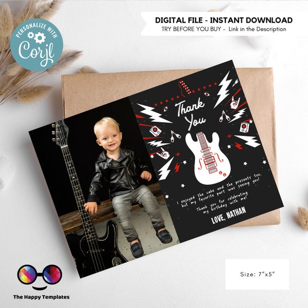 Rock and roll Thank you card with photo | Rock Party | Birthday boy | Rock n roll thank you postcard | Rock star Party #A12