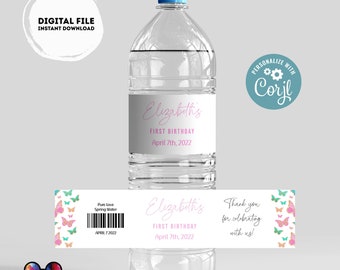 Editable Butterfly water bottle labels | printable labels |  Spring butterflies label | first birthday |  bottle label | girl birthday #K9