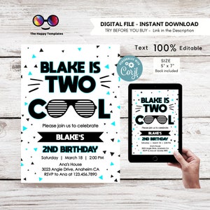 Editable Two Cool Birthday Invitation | Neon | Boy Second Birthday Party | I&#39;m Two Cool Sunglasses | 2nd birthday party | Edit online #K220