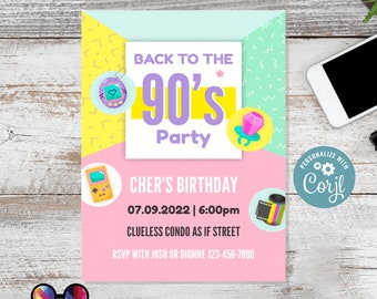 Bewerkbare verjaardagsuitnodiging jaren 90 | Retro-uitnodiging | Jaren 90-verjaardagsfeestje Terug naar het thema uit de jaren 90 | Feestlook uit de jaren 90 Nostalgisch roze jaren 90 #K94