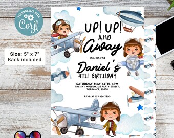 Invito modificabile Up Up and Away / Invito di compleanno in aereo / Festa in aereo / Invito aereo / Invito festa ragazzo / Aereo #K229
