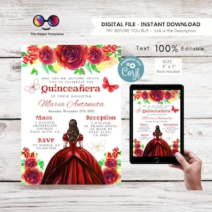 Editable Red Quinceañera Invitation | Red dress Mis Quince 15 | 16th Birthday Instant Download | Girl Birthday | Red princess #K310