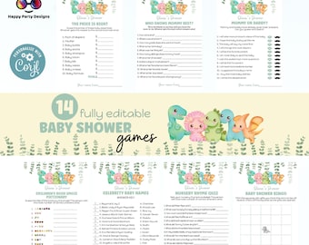 Puede incluir: Un conjunto de 14 juegos de baby shower imprimibles con temática de dinosaurios. Los juegos incluyen "El precio es correcto", "¿Quién conoce mejor a mamá?", "Mamá o papá", "Pictionary de emojis de libros infantiles", "Nombres de bebés famosos", "Cuestionario de rimas de canciones de cuna" y "Bingo de baby shower".