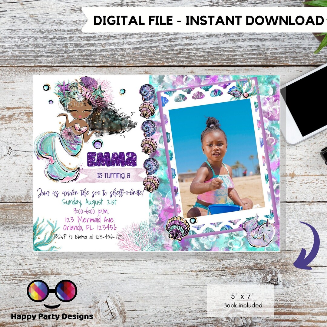 Editable Mermaid Invitation With Picture African American Mermaid Party