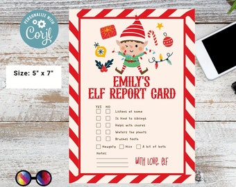 Puede incluir: Una tarjeta de informe de elfo imprimible con una ilustración de elfo de dibujos animados. La tarjeta tiene una lista de verificación para el buen comportamiento con el nombre "Emily's Elf Report Card" en la parte superior. La tarjeta mide 5 pulgadas por 7 pulgadas.