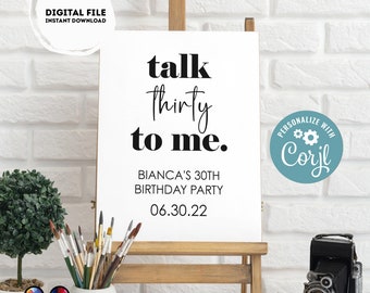 Edytowalny znak powitalny | Talk THIRTY to me Minimalistyczny znak powitalny na 30. urodziny | Dekoracje urodzinowe | Znak powitalny #A9