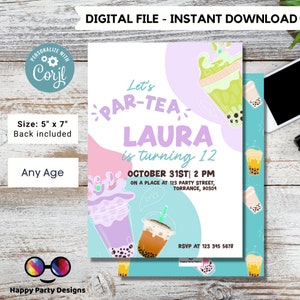 Tea Party birthday Invitation | tea Invite | Boba Tea Party Invitation | Bubble Tea Invite | Par-Tea Invitation  #K121