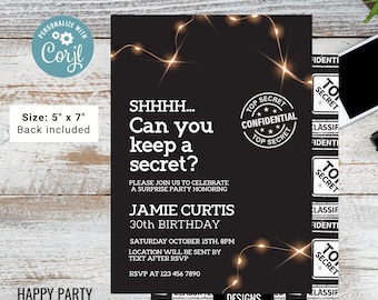 May include: A black and gold 30th birthday party invitation with a secret agent theme. The invitation features a black background with gold string lights and the text "SHHHH... Can you keep a secret?"  The invitation also includes the text "Jamie Curtis 30th Birthday" and the date and time of the party.