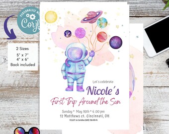 Editable Outer Space First Birthday Invitation Galaxy Blast Off First Trip Around the Sun Space Girl  Download Printable Template Corjl