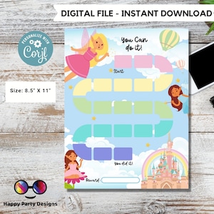 May include: A printable chart with a fairy theme for children. The chart has a colourful path with spaces for stickers or tick marks. The chart says "You Can Do It!" and "You Did It!" and has a space for a reward. The chart is 8.5 inches by 11 inches.