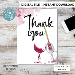 Verf en drink Thank You Card Download | Bruids douche | Babyshower | Gevouwen notities leeg in | Afdrukbare wijn Dank u opmerking #W7