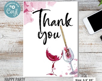 Pobierz kartkę z podziękowaniami Paint and Sip | Wieczór panieński | Baby Shower | Składane notatki puste w środku | Wydrukowana notatka z podziękowaniami za wino #W7