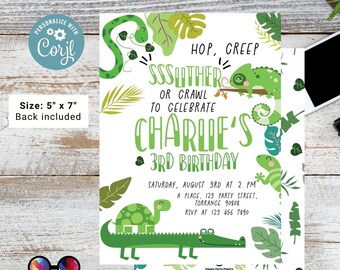 May include: A green, white, and brown jungle-themed birthday invitation for a 3rd birthday party. The invitation features a cartoon alligator, turtle, snake, and chameleon. The text on the invitation reads "Hop, Creep, Ssslither or Crawl to Celebrate Charlie's 3rd Birthday".