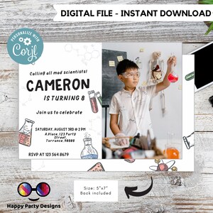 Editable Science Party Invitation | Mad Scientist Invitation with photo | Birthday boy Invite Science Boys Science birthday minimalist #K124